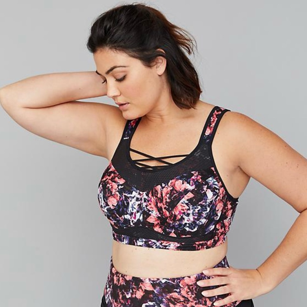 LB LIVI Sports Bra Top Peach Purple Floral on Black 40DDD